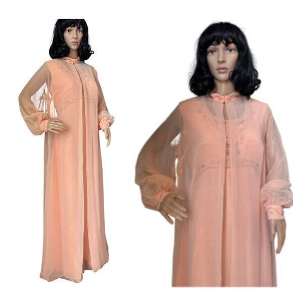 Vintage 1960s Elgin Peach Chiffon Dress & Sheer Overlay Set medium - Picture 1 of 17